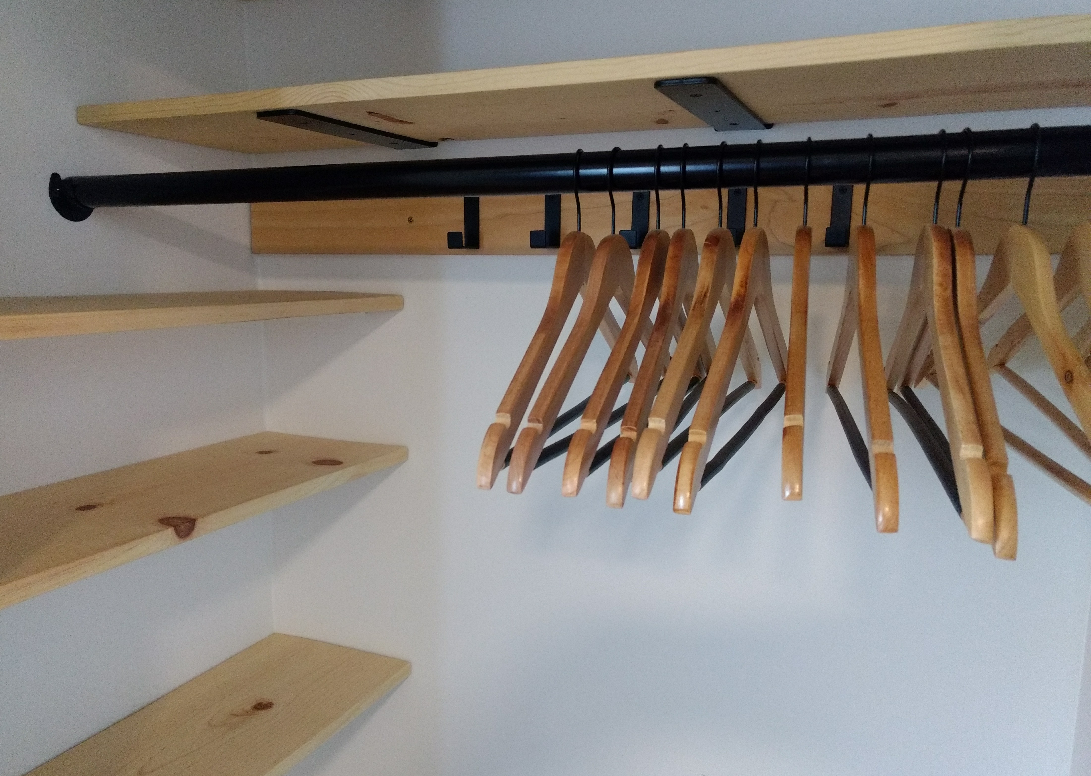 custom built closet with shelving and clothes hangers 