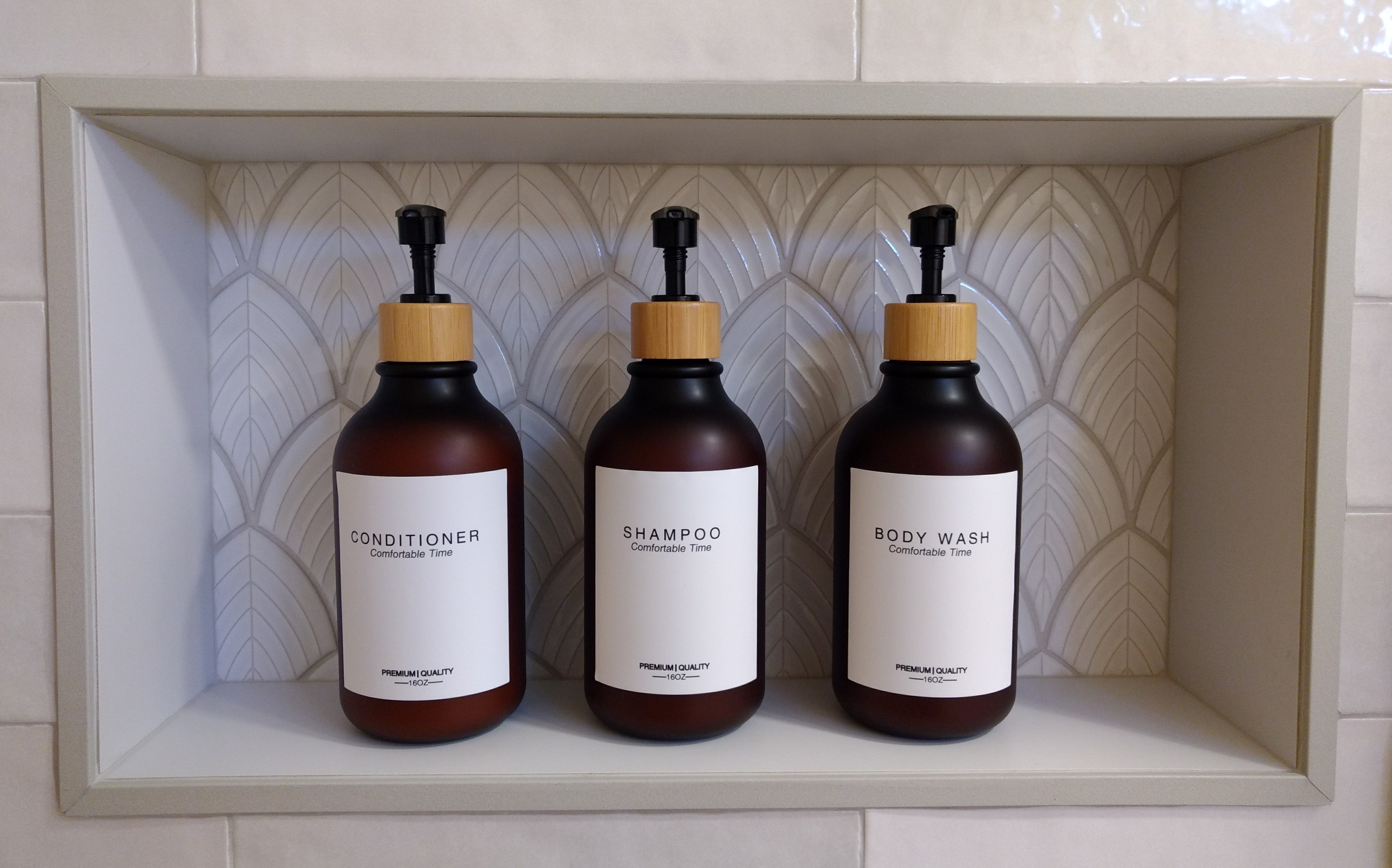 Spa like bathroom decor in custom installed shower niche